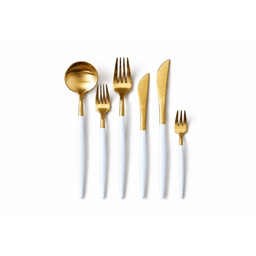 Bielo – zlatý príbor (set) – prenájom svadobnej výzdoby Eventia