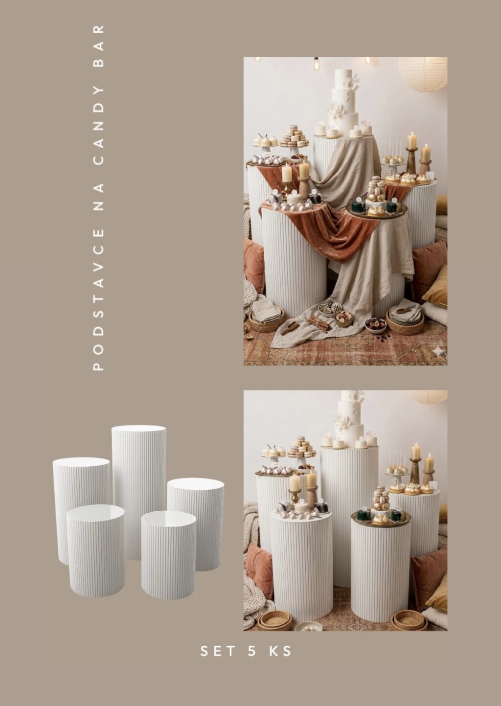 Biele podstavce na candy bar – set 5 ks – prenájom svadobnej výzdoby, Candy bar a iné bary (6)